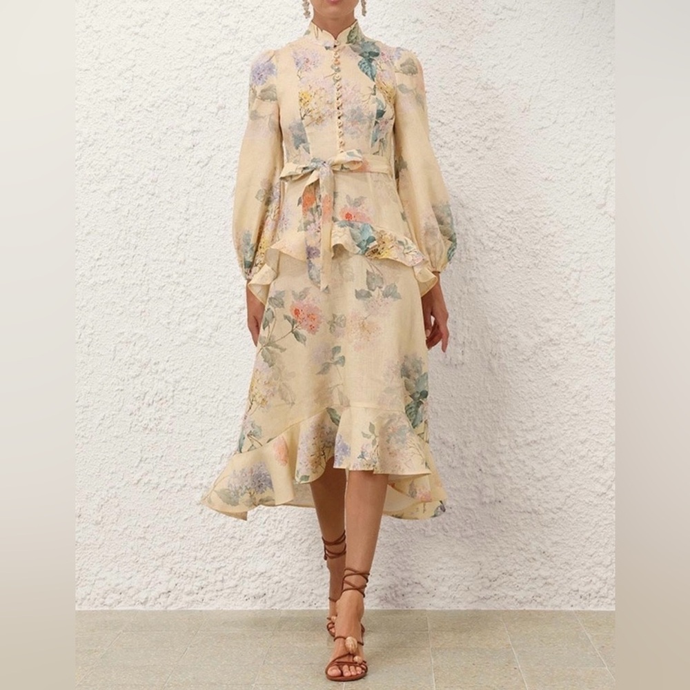 Zimmermann Cream Floral High-Low Ruffle Dress
